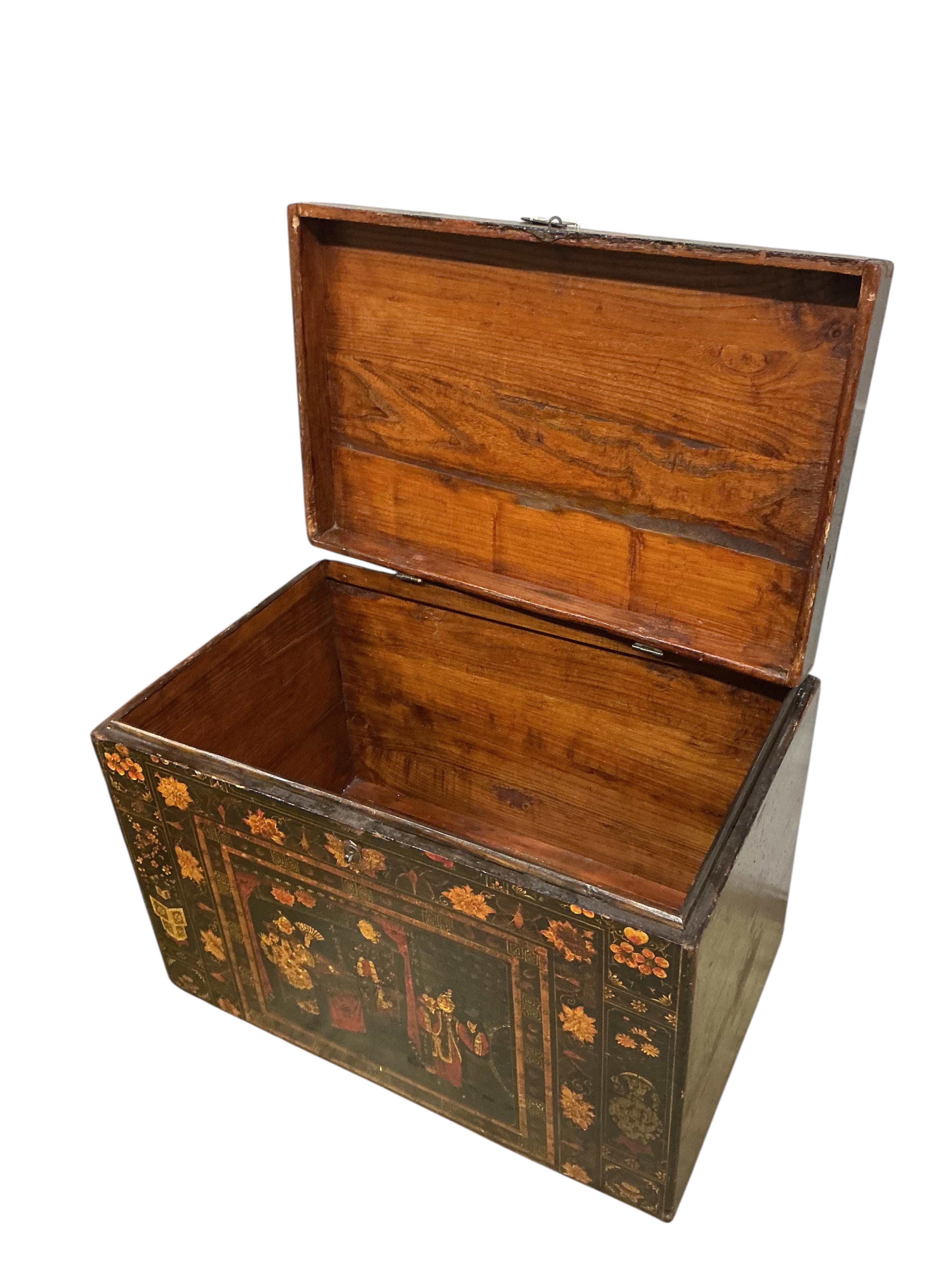 A 19th century Chinese polychrome painted pine trunk, width 85cm, depth 53cm, height 60cm